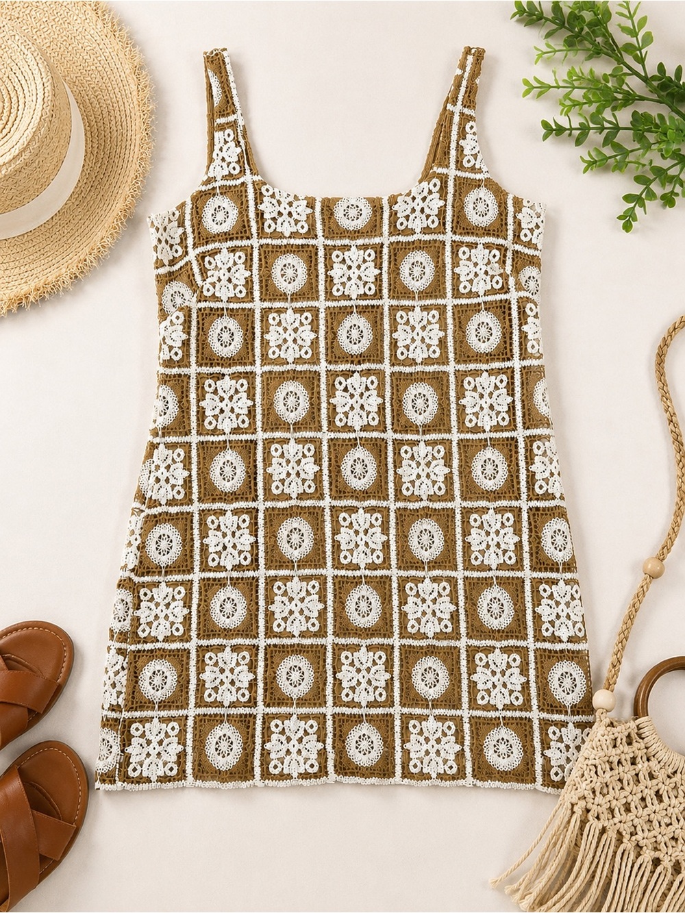 LOFT Crochet Lace Patchwork Mini Dress Tan Cream Square Neck Boho Shift size 8